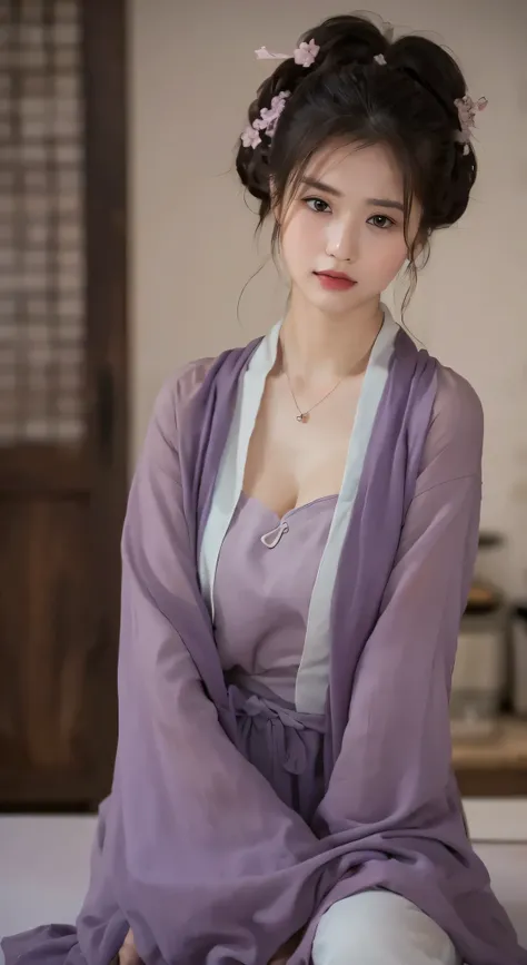 (best quality, 8k, masterpiece: 1.3), A Beautiful Woman with Perfect Figure: 1.4, Dark brown hair, Wearing a Pendant, Wearing an apron, In the kitchen, Rich facial and skin detail, Delicate eyes, Double eyelids, Large Breasts