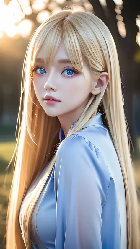 highest quality、Ultra-high resolution、(Photorealistic:1.4)、(ulzzang-6500:1.0)、Blonde super long straight silky hair、Very beautiful bright and shining pale sky blue big eyes、bangs over eyes、