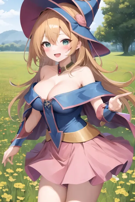 masterpiece, best quality, highres, hmdmg1, wizard hat, blush, blush stickers, cleavage, bare shoulders, dress, off shoulder, cowboy shot, standing, smile, open mouth, field,