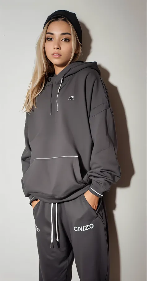 a woman in a sweatpants standing against a wall, wearing an superdimensionado, superdimensionado, grey, gray, superdimensionado, cinza escuro, girl wearing, cinza, wearing a sweatpants, desaturado, vestindo moletom, trend in r/Moda urbana, vestindo um mole...