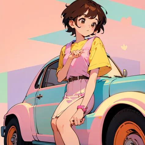 girl、Brown Hair、short hair、sit、pastel colour、donut、Retro style background、car