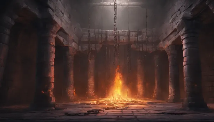 Medieval dungeon cells, It was stone cold and empty and there were chains on the floor., smithy, fire torch