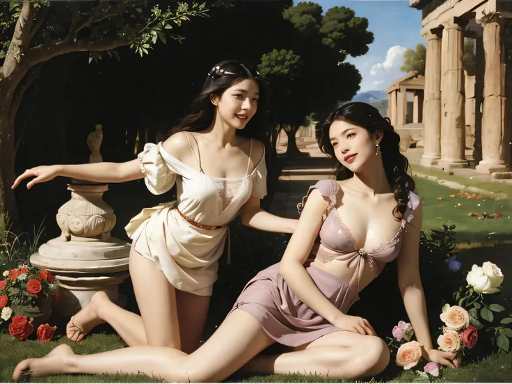 full body portrait or statue、Giorgione painting style,Arguments of two female Philosophe,math、astronomical machine、astronaut、roses in vase、fruits、Cute trinkets、smile、ancient greek costume、Ancient Roman landscape in the style of Nicolas Poussin,laughter,,Sw...