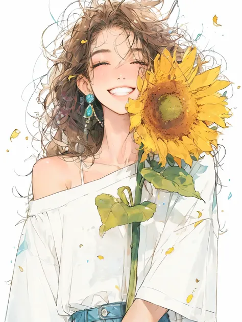 anime girl with sunflower in her hand, beautiful sunflower anime girl, author：yang jie, beautiful anime portrait, (anime girl), ...