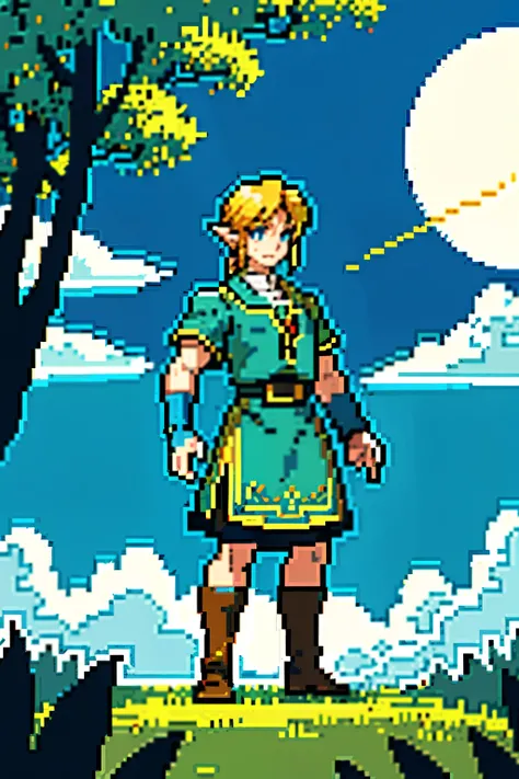 In the captivating world of Zelda, a pixel art masterpiece unfolds. Top quality and best resolution bring every detail to life, showcasing the intricacies of the landscape. The tranquil scene is set amidst a backdrop of lush green forests and rolling hills...