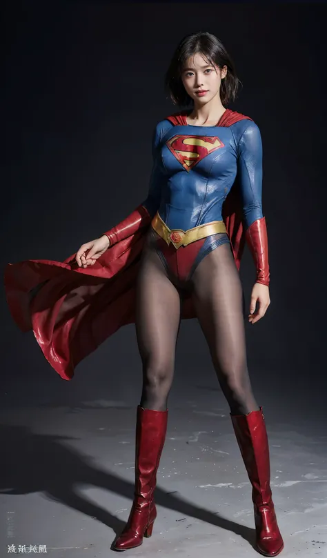 No background、(((Beautiful legs in black tights.)))、(((Legally express the beauty of your smile)))、((((Make the most of your original images)))、(((Supergirl Costume)))、(((beautiful short hair)))、(((suffering)))、(((Please wear black tights....、Wear red boot...