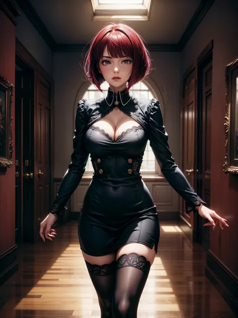 ((Intricate details)),Dark Fantasy (/style/), The atmosphere is gloomy, (Beautiful succubus girl, short hair, Large Breasts), (Sexy black lace suit), (hungry expression) , Soft colors, Clear focus, Movie, (Walking posture, Dynamic poses), Hot Topics on Art...