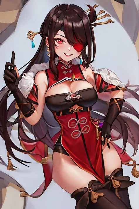 Best Quality, masutepiece, hight resolution, Solo, {beidou_Genshin:1.15}, long_hair, an eye patch, Red_Eyes, brown_hair, hair_ornament detached, hair_Over_One_eye, breasts, One_eye_Covered, Hairpin, Smile, hair_stick, Jewelry, Bangs, earrings, Large_breast...