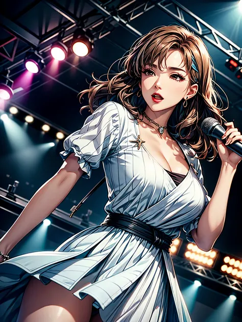 1lady solo, K-POP artist, (singing:1.2) (dynamic posing:1.2), (stylish outfit), mature female, /(brown hair streaked sky-blue hair end/) bangasterpiece best quality:1.2) delicate illustration ultra-detailed, large breasts BREAK, (holding a microphone) , on...