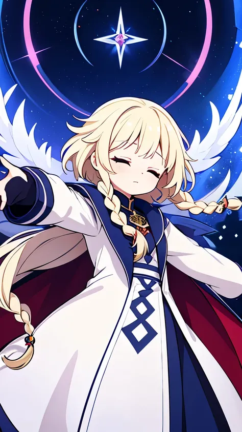 A female alchemist chanting a spell with her hands outstretched and her eyes closed,Platinum blonde curly short hair,Partial long hair braids,White coat-like jacket,The clothes inside are navy blue,Flying in the sky,Red gemstone shards are floating around ...