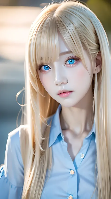 highest quality、Ultra-high resolution、(Photorealistic:1.4)、(ulzzang-6500:1.0)、Blonde super long straight silky hair、Very beautiful bright and shining pale sky blue big eyes、bangs over eyes、