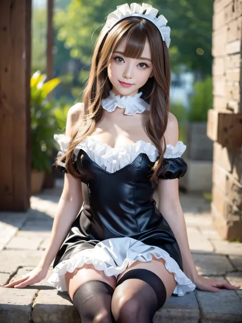 masterpiece、One girl per photo、Full Body Shot、Front view from the front、Young and beautiful woman in Japan、Wearing a cute short-sleeved satin silver black maid outfit、With a big smile、White ruffled headband、White frilly apron、Black choker、Attractive person...