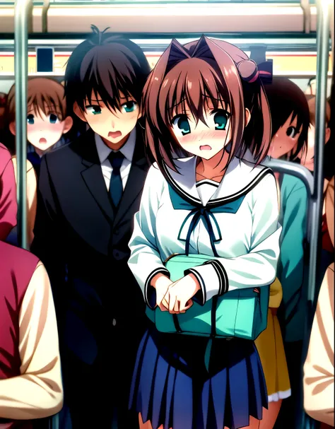 asakura_yume,brown hair,medium chest,aqua eye,white skin,((surprise)),((embarrassment)),((sorrow)),(((crowded train))),((multipl...