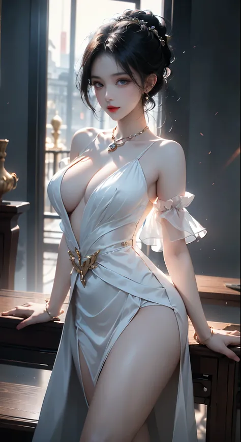 chromatic dispersion,glowing colors,, ((Bare shoulders)), ((Full breasts)), ((The skirt is short)), ((Sexy legs)), ((whole body)), Practical, Fashion girl, Red lips, Mature women, Exquisite makeup, big eyes, beautiful, (best quality, masterpiece:1.2), Ultr...