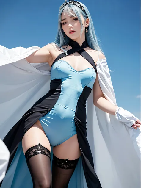 Best Quality,超A high resolution,(photographrealistic:1.4),Japanese,light sky blue hair,Long hair,Bangs are longer than eye level,sky-blue eyes,((skinny)),Light makeup,White large cape,Thin leg,Black Long Thin String Tie,((Sky blue long princess line dress ...