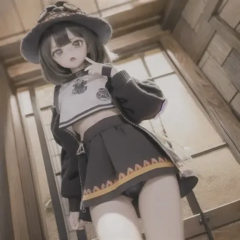 Chibi contrapposto pose girl, wearing a big hat and a mini skirt, My chest is flat. character, Megumin, Photorealistic appearance. Her eyes are incredibly detailed.、Long eyelashes too. She has beautiful, delicate lips, This makes her even more attractive. ...