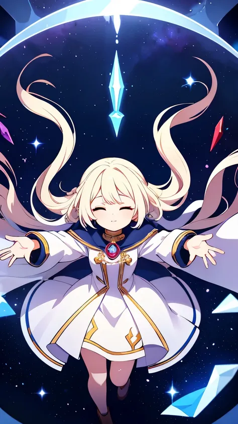 A female alchemist chanting a spell with her hands outstretched and her eyes closed,Platinum blonde curly short hair,Partial long hair braids,White coat-like jacket,The clothes inside are navy blue,Flying in the sky,Red gemstone shards are floating around ...