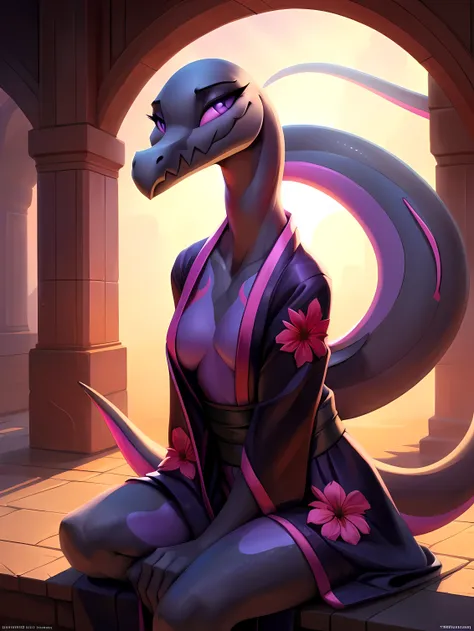 uploaded on e621, ((Salazzle)) by Pixelsketcher, by Bayard Wu, by Thomas Benjamin Kennington , by Einshelm, solo anthro, (( portrait)), BREAK, ((kimono:1.2)), , ((wearing long flowing kimono, black kimono, kimono with flower pattern, fully clothed)), (deta...