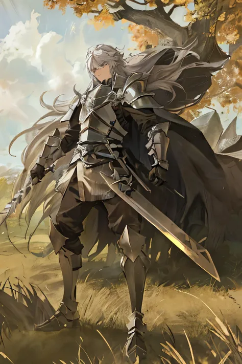 Anime warrior with a long, flowing link of silver hair, standing tall in the wild field with one hand holding the master sword horizontally across his chest, the sharp edge gleaming under the sun. The other hand clenches the hilt firmly, ready for battle. ...