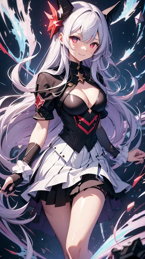 最high quality、Best image quality、masterpiece、girl((18-year-old、 By becoming、Best Bust、Medium Bust,Wide open breast tea、Red glowing eyes,Silver Hair、Disheveled Hair、Long Hair、thin,The highest valley、Open chest、White wristband、smile、hair ornaments、Glowing ac...