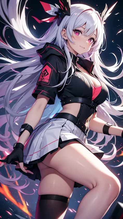 最high quality、Best image quality、masterpiece、girl((18-year-old、 By becoming、Best Bust、Medium Bust,Wide open breast tea、Red glowing eyes,Silver Hair、Disheveled Hair、Long Hair、thin,The highest valley、Open chest、White wristband、smile、hair ornaments、Glowing ac...