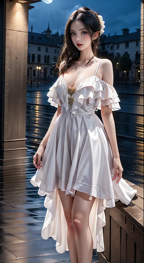 party dress,tiered dress, ((Bare shoulders)), ((Full breasts)), ((The skirt is short)), ((Sexy legs)), ((whole body)), Practical, Fashion girl, Red lips, Mature women, Exquisite makeup, big eyes, beautiful, (best quality, masterpiece:1.2), Ultra Detailed, ...