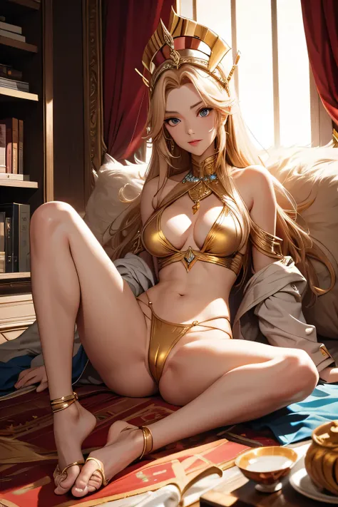 The female pharaoh with golden hair spread her legs and a full body bikini with very little coverage of her breasts lying down