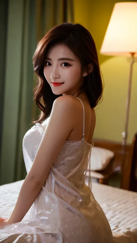 Tabletop, highest quality, figure, Very detailed, In detail, High resolution, 8k wallpaper, Perfect dynamic composition, Beautiful double eyelids,negligee、night、Dimly lit room、Bed Lamp、bed、,Center of chest, Natural color lip、 Bold sexy pose,smile,20-year-o...