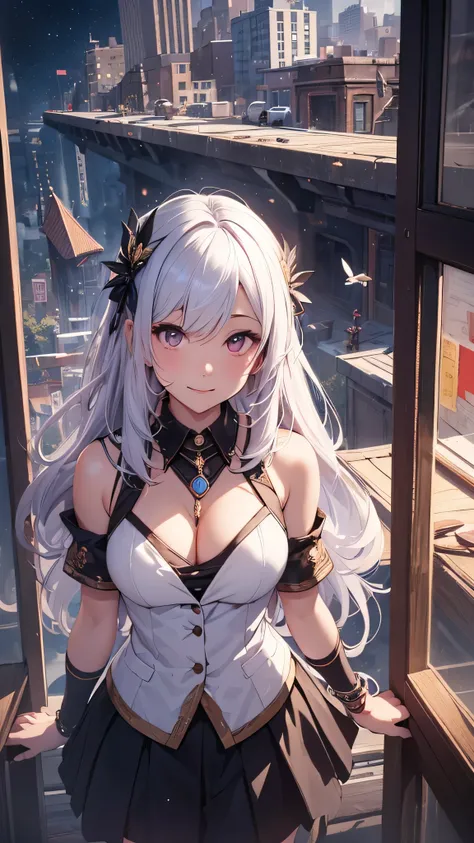 最high quality、Best image quality、masterpiece、girl((18-year-old、 By becoming、Best Bust、Medium Bust,Wide open breast tea、Red glowing eyes,Silver Hair、Disheveled Hair、Long Hair、thin,The highest valley、Open chest、Illuminated Wristbands、smile、hair ornaments、Glo...