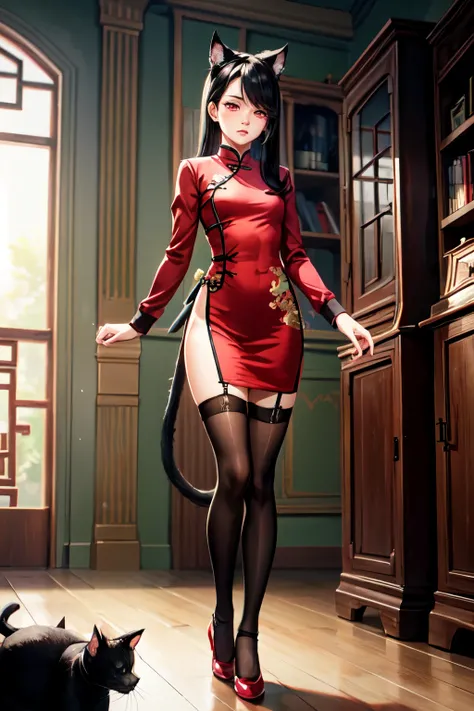 Female 18+:Cat ears, long black hair, cat tail, stockings with Gartner, long pink qipao, red eyes, standing in the middle of the room, whole body faces the front,