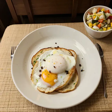 Fish, vegetables, milk, oil, salt on breakfast plate  remove egg