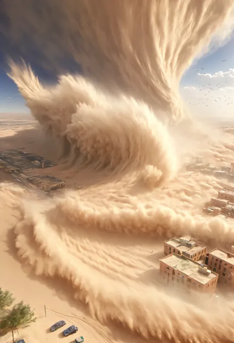 masterpiece, best quality, extremely detailed, hyperrealistic, photorealistic, aerial view shot, city, sandstorm, strong wind, wave
