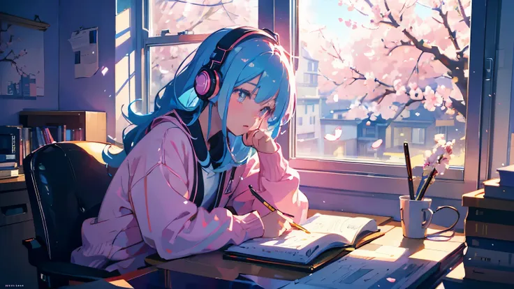 illustrator, anime , realistic ,sketch , Beautiful girl studying at her desk while listening to music on headphones in her room, warm lighting, cherry blossoms blooming outside her room window, ,lip, Sweater,order, Blue gradient background, Neon hair,Textu...