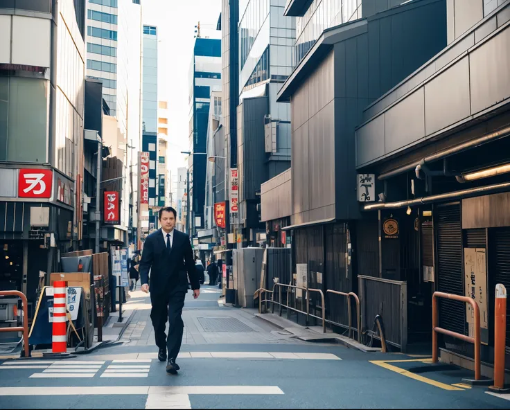 A man in a navy suit walking through Akihabara。A background with a large building as a wall。profile。Like a scene from a movie。