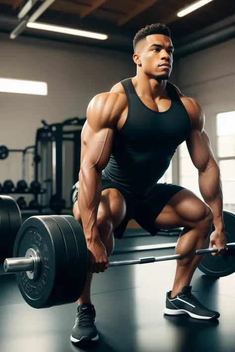 a man, Solo, In the gym, (Muscular build), Wearing workout clothes, Focused expression, Grasping a barbell with both hands, Biceps contracted, Sweat dripping from his forehead, Barbell curls position, Realistic detail, Highly detailed muscles, Realistic li...