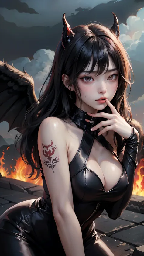 (highest quality,High resolution:1.2),(dark,Threatening:1.1),(Bad luckな:1.1),(devil,Satan,Lucifer:1.1),(devil的な:1.1),(Bad luck,Bad luckな:1.1),(Powerful figure:1.1、Big Breasts、Glasses),(Red glowing eyes,Sharp teeth:1.1),(Black wings,thick,shabby:1.1),(helli...