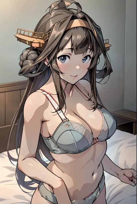 Ship Kongo, kongou, Brown Hairアホ毛, (Brown Hair), ((Light blue panties)), ((Light blue bra)), ((Flashy underwear)) (((In underwear))),Light blue lingerie, Completely naked, smile, blush