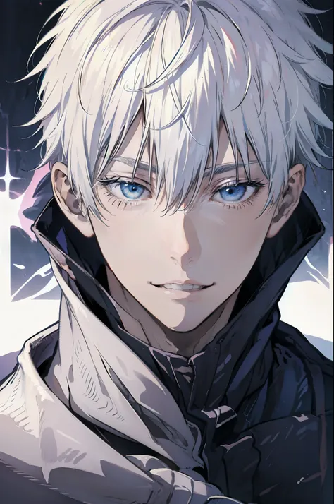 boy, silver hair, blue eyes, serious sharp features, white skin, sweater