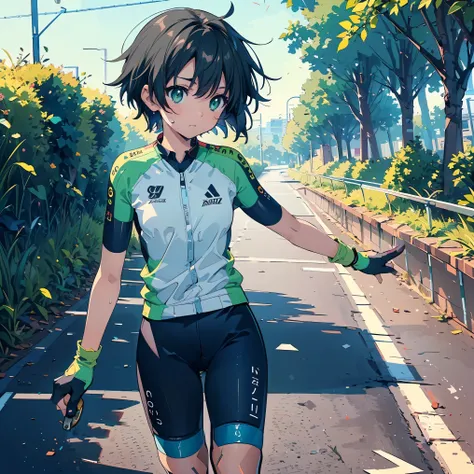 (masterpiece:1.2), (highest quality:1.2), Ultra-high resolution, Super detailed, (Perfect Eyes), Perfect Face, Perfect lighting,((Biking:1.5)), ((serious)), ((Anime girl riding a bike)), ((From Front:1.4)), (looking away:1.2), (sweat), ((gloves)), Surreal ...