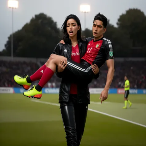 a portuguese girl in a laquered and very shiny quilted coat carries a man soccer player, a woman carries a man, a portuguese woman carries a male soccer player in her arms, rainy weather, rainfall, humid, girl carries guy, lift and carry, an excessively ma...