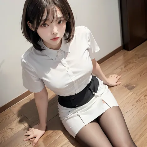 highest quality、masterpiece、Office Lady、Black Pantyhose、White Room Wallpaper、Wood Grain Floor、((Shooting from the top of the front))、Plump  edium bob hair、White shirt、Tight Skirt、Staring at the audience、Red face、White panties、Sexy Underwear