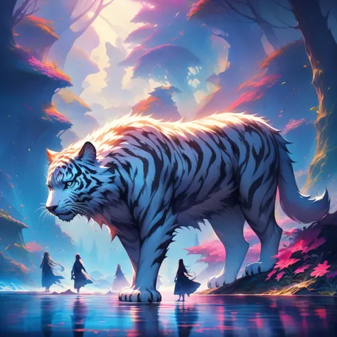 detailed fur on the animals, vibrant and realistic colors, surreal landscape, ethereal atmosphere, mystical forest, magical sunlight, dreamlike water reflections, dynamic composition, enchanting scene, intense and captivating emotions, intricate and mesmer...