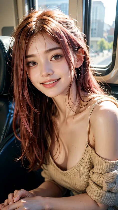 highest quality, masterpiece, Ultra-high resolution, (Realistic:1.4), (Close-up portrait) RAW Photos, 1 girl,20-year-old,((Inside the Shinkansen)),((Looking up)),((thinker pose)),,((Passionate pink haired girl&#39;Makeup)),((High Fashion)),Messy Hair,((Cap...