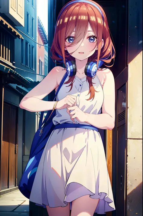 Miku Nakano, Miku Nakano, Long Hair, bangs, blue eyes, Brown Hair,ponytail,Blue Hairband ,Hair between the eyes, Headphones around neck,White sleeveless dress,Bare shoulders,Bare arms,Long skirt,Cute Sandals,Daytime,Clear skies,happy smile, smile, Open you...