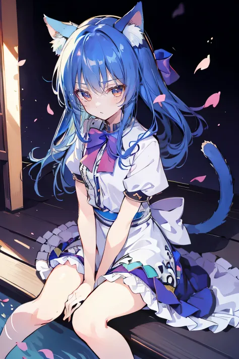 (masterpiece:1.2),ultra-detailed,realistic,expressive eyes,fair-skinned,perfectly shaped face,1girl,
Japanese cartoons,Gorgeous blue hair, flowing blue hair,floating clothes,cat ears,petals falling,beautiful Lola,Hina Angel,
hands on waist,gracefully sitti...