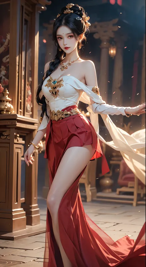 dunhuang_cloths,dunhuang_dress, ((Bare shoulders)), ((Full breasts)), ((The skirt is short)), ((Sexy legs)), ((whole body)), Practical, Fashion girl, Red lips, Mature women, Exquisite makeup, big eyes, beautiful, (best quality, masterpiece:1.2), Ultra Deta...