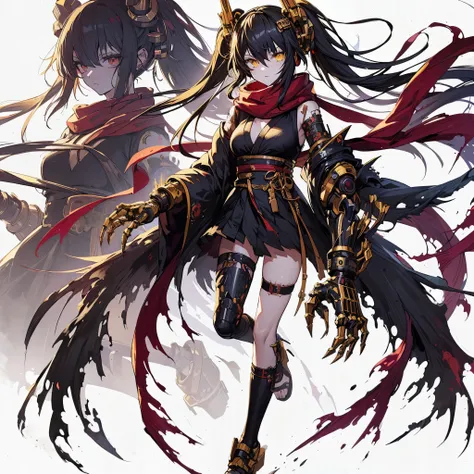 (Masterpiece, top quality), (detailed hair), super detailed, anime style, full body, solo, cyberpunk fighter girl, neck-length black-yellow hair, gold eyes, right hand converted to cybernetic terrifying claw. cyber-kimono, and torn red scarf, cyber horned,...