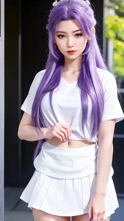 best quality，masterpiece，ultra-clear，1 girl，purple hair，long hair，(white shirt with short sleeves:1.3)，(miniskirt:1.3)，standing，...