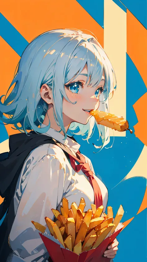 16-year-old girl、Anime style painting、Upper body close-up、smile、From the side, impression, (Oil), Green and orange tones、Silver Hair, (Sparkling blue eyes)、Eating French Fries