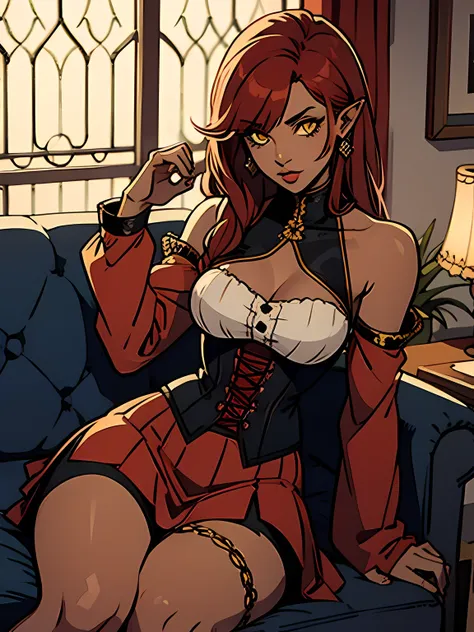 beautiful girl, very cute, sitting on the sofa, medium breasts, red hair, yellow eyes, pointed ears, corset, ((dark skin)), muscular, short skirt, long sleeves, detached sleeves, exposed shoulders 